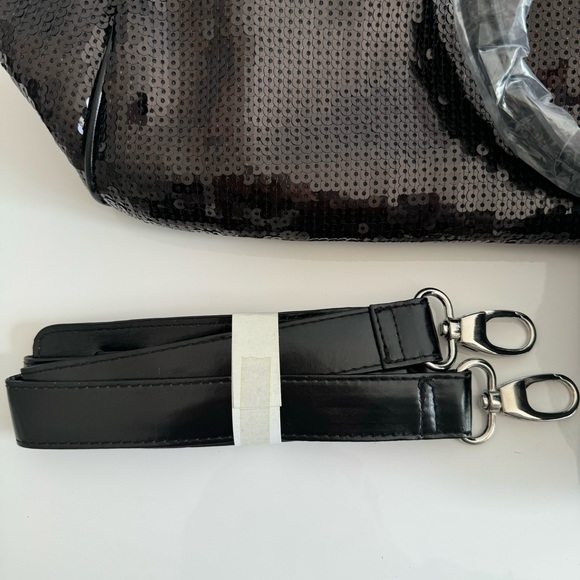 Joan Boyce Glam Black Sequins Overnight Oversized Travel Tote Crossbody Bag - Picture 15 of 16